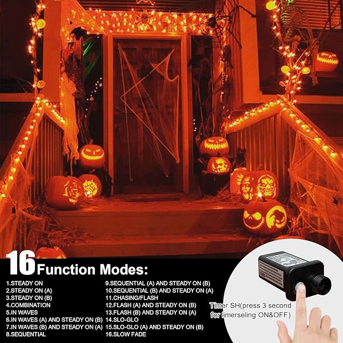 LAMPHOME 165ft Halloween Lights, 500 LED Transparent Wire Fairy Starry String Light Plug in, 16Lighting Modes for Indoor Outdoor Xmas Tree Wedding Party Decoration (Orange)