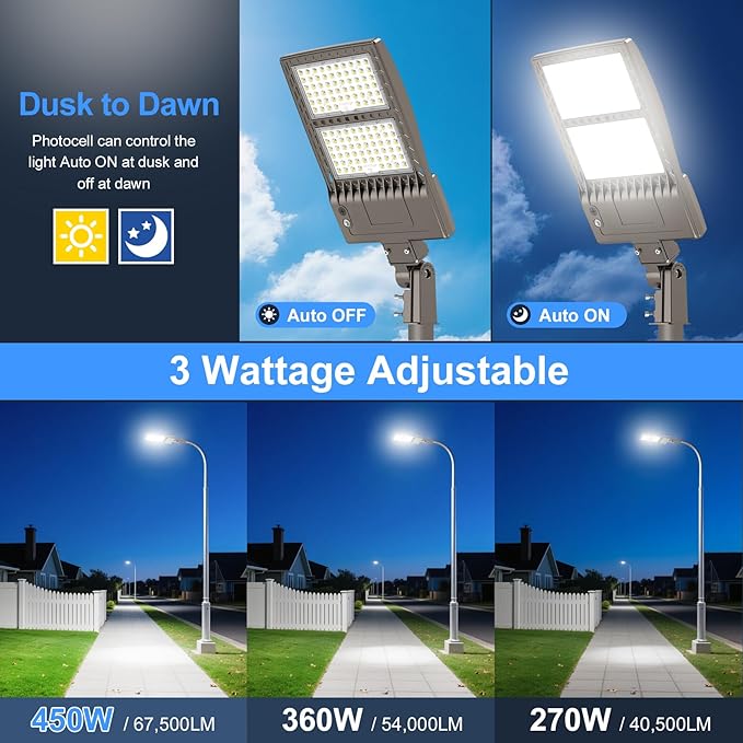 KUKUPPO 450W LED Parking Lot Light Dusk to Dawn 67,500LM, DLC ETL Listed Power Adjustable LED Shoebox Pole Court Light Industrial Outdoor Parking Lighting Slip Fit 5000K IP65 Waterproof 100-277V