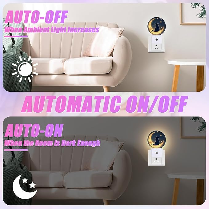 Cat Moon Night Light Starry Sky Night Lights LED Lamp Round Plug into Wall Nightlight with Dusk to Dawn Sensor Home Hallway Stairway Kitchen Decor