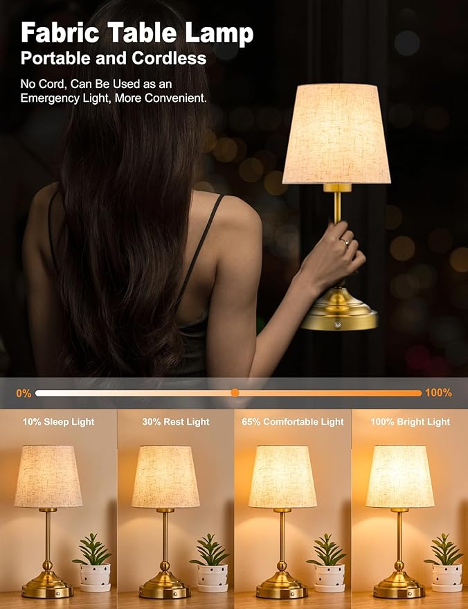 BOHON Cordless Lamp with Dimmer, Built-in 5200mAh Rechargeable Lamp, Patio Table Lamp, LED Bedside Night Light, Outdoor Ambient Light for Camping Restaurant Bedroom Dining Room Decor, Antique Brass