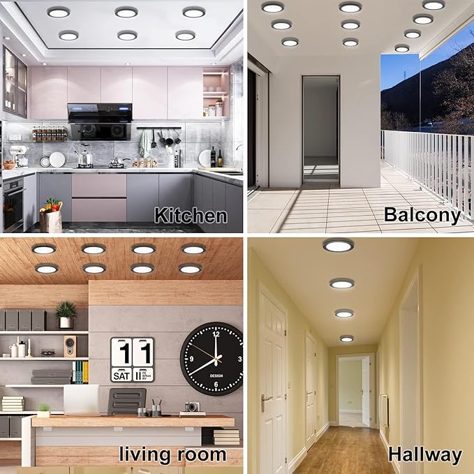 7.3" Flush Mount Dimmable LED Ceiling Light - 5000K Black, Ultra Thin Round Fixture for Bedroom, Bathroom, Kitchen, Hallway, Basement, Closet - 6Pack