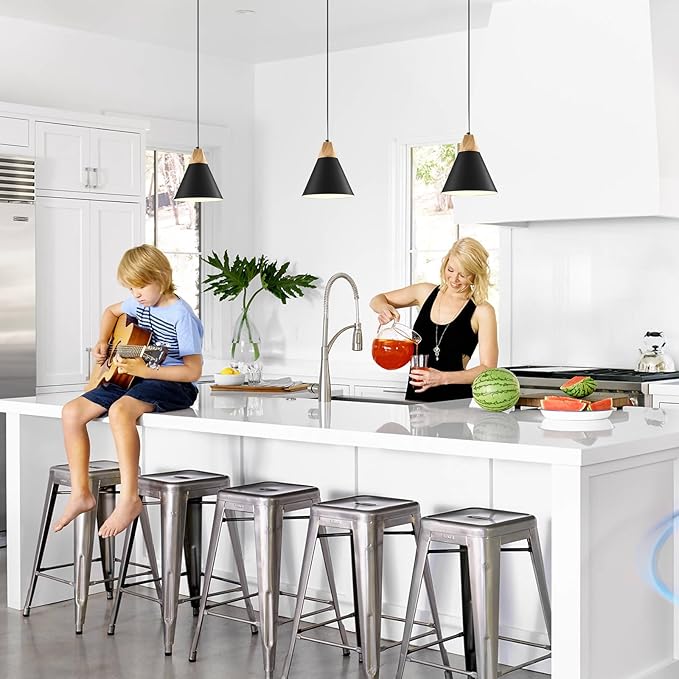 Black Pendant Light 3 Packs,9.4inches- Farmhouse Pendant Light, Kitchen Pendant Lights, Industrial Pendant Lighting, Kitchen Pendant Lights for Office, Bedroom, Living Room, Kitchen Island