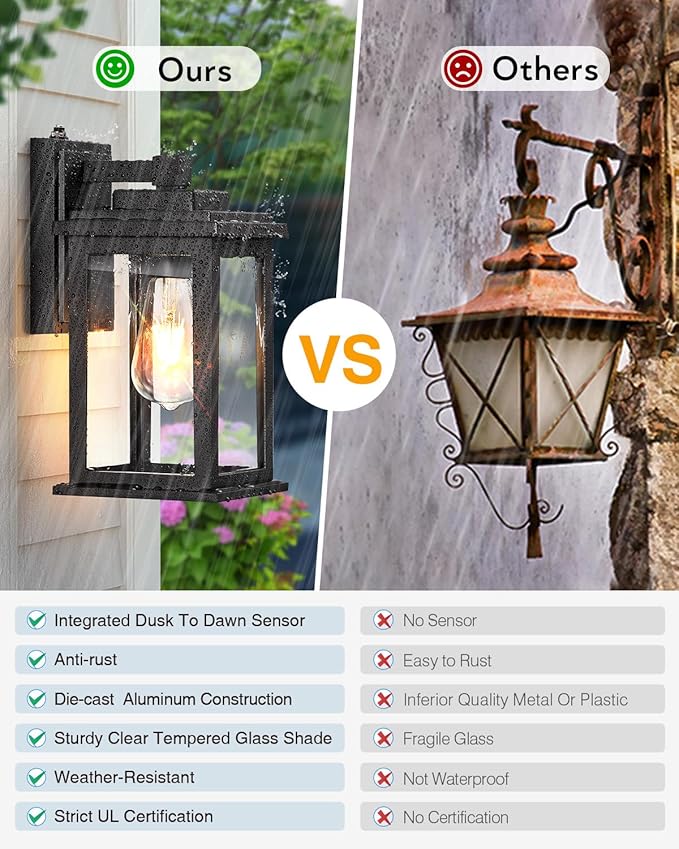 VIANIS Black Dusk to Dawn Outdoor Lights for House, 2 Pack Outdoor Wall Lights, Waterproof Porch Lights, Exterior Lighting Fixtures with Tempered Glass, for Porch, Garage, Doorway,Hardwired, Non-solar