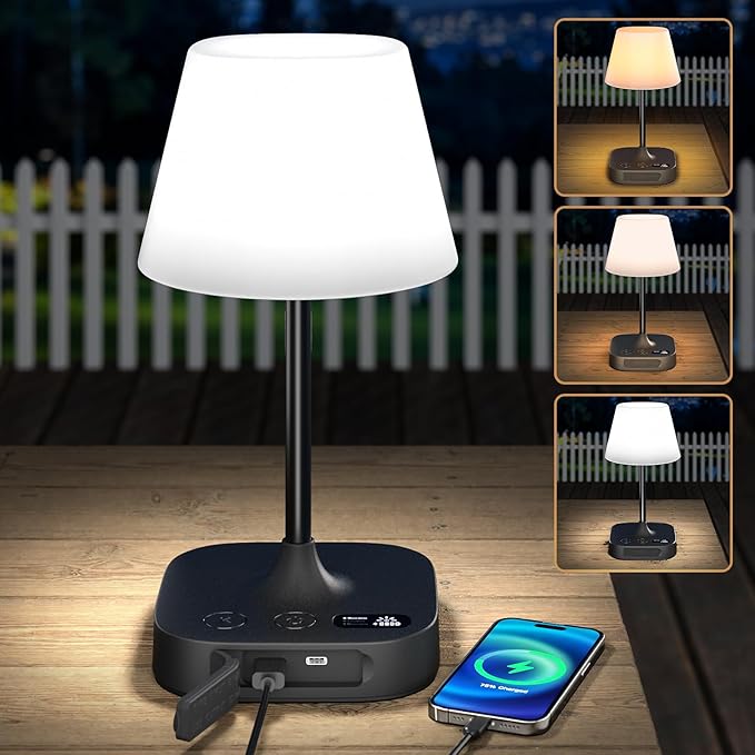 Lightbiz Outdoor Table Lamp, Shower Lamp with 8000mAh Cordless Rechargeable Battery, IP55 Waterproof, 3 Colors & 5 Brightness, Dimmable LED Display Bath Lamp for Camping,Bedroom,Patio,Bathroom(Black)