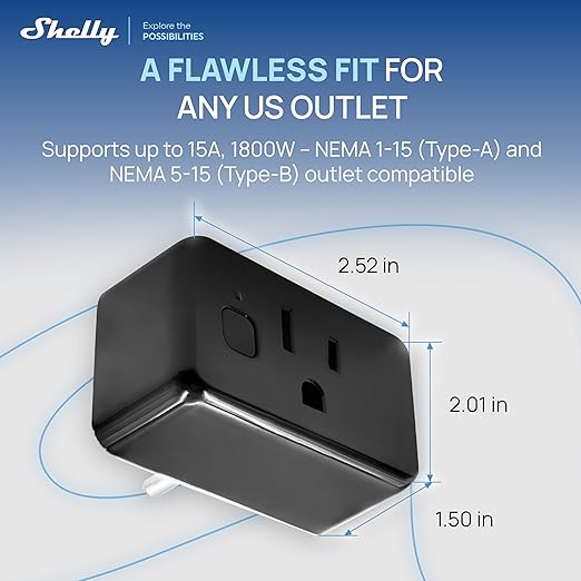 Shelly Smart Plug UL, WiFi, Bluetooth, Zigbee, Matter Outlet with Power Metering, Works with HomeKit, Google Home, Alexa, Home Assistant, Smart Socket, Easy Setup, Remote Control, Plug US Gen4 Black