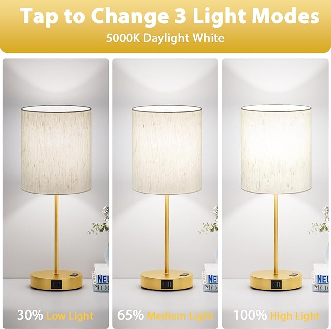 Gold Touch Lamps for Nightstand Set of 2 - Bedside Table Lamp for Bedroom with Dual USB Ports & AC Outlet, 3-Way Dimmable Lamps for Living Room Boys Room, Night Light with 5000K Daylight Bulbs