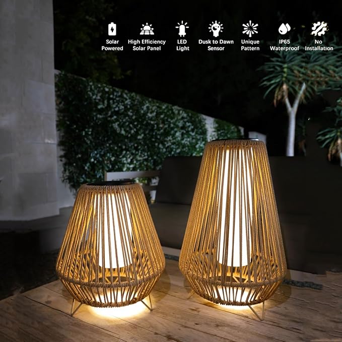 EcoGreen Rocket Floor LED Solar Rattan Lamp – 11.81 * 18.5 Inch Anti Rust Steel Frame with Weaving &Built-in Lights, Warm Glow, 8H Runtime, Solar-Powered Light for Garden & Patio – Single Pack/Large