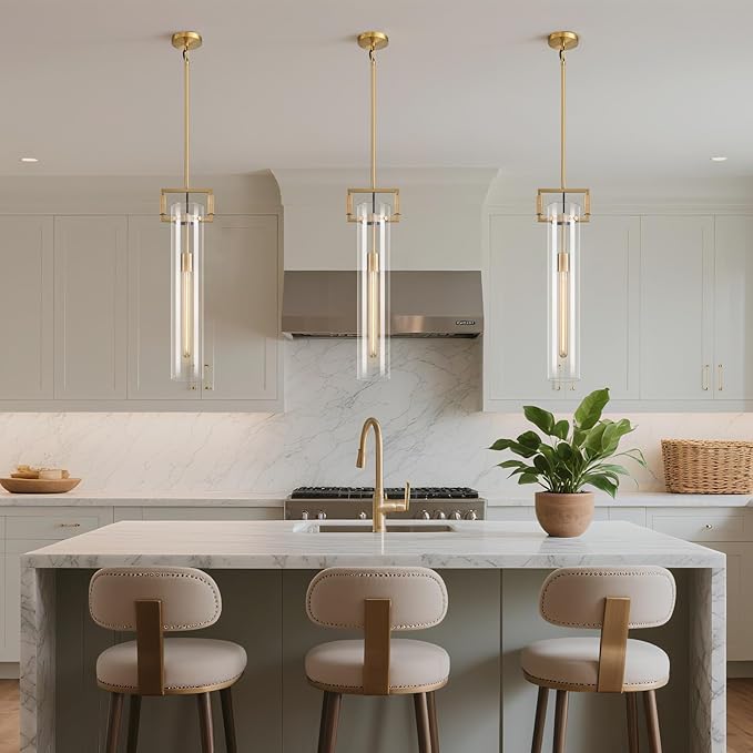 Modern Knurled Brass Kitchen Island Pendant Light,Gold 21.6'' 1-Light Long Glass Island Pendant Lights,Lrage Farmhouses Pendant Light, for Kitchen,Dining Room,Bathroom,Bulb Included