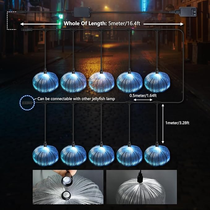 AZIMOM Smart 16.4ft 10pcs Fiber Optic Jellyfish Lamp APP Control Timing Music Sync RGBW Colorful IP67 Waterproof Outdoor Fairy Hanging String Light Garden Trees Christmas Party Wedding Ceiling Decor