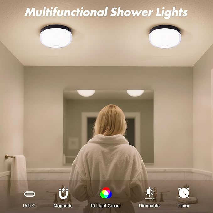 2-Pack Rechargeable Shower Lights for Inside Shower, 15 RGBW Color Changeable Waterproof Lights for Shower with Remote(Dimmable＆Timer), Wireless LED Mood Lighting for Bathroom, Closet, Bedroom, Party