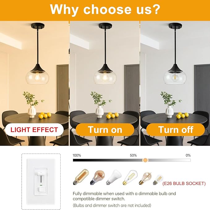 Modern Pendant Lights for Kitchen Island, Black Pendant Light Fixtures with 8.5" Clear Glass Shade, Industrial Hanging Pendant Lights Fixture for Kitchen Island Dining Room Bedroom Entryway 1 Pack