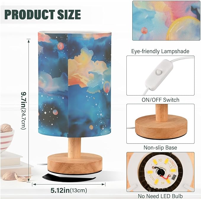 Fustylead Fantasy Giraffe Clouds Blue Table Lamp for Bedroom USB Port Lamps Small Accent Table Lamp Nightstand Lamp Sturdy Linen Shade Wooden Base Decorative Lamps for Bedside Reading|Kids|Dorm|Home