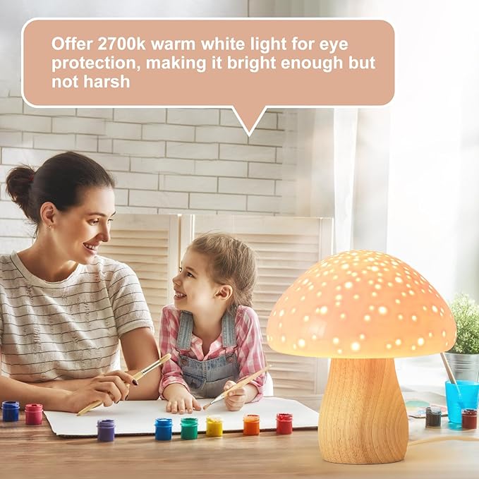 BOHON Mushroom Lamp, Ceramic Bedside Table Lamp for Bedroom Nightstand, Vintage Cute Night Light, Small Lamp for Living Room Kids Desk Home Decor Girls, LED Bulb Included, Pink