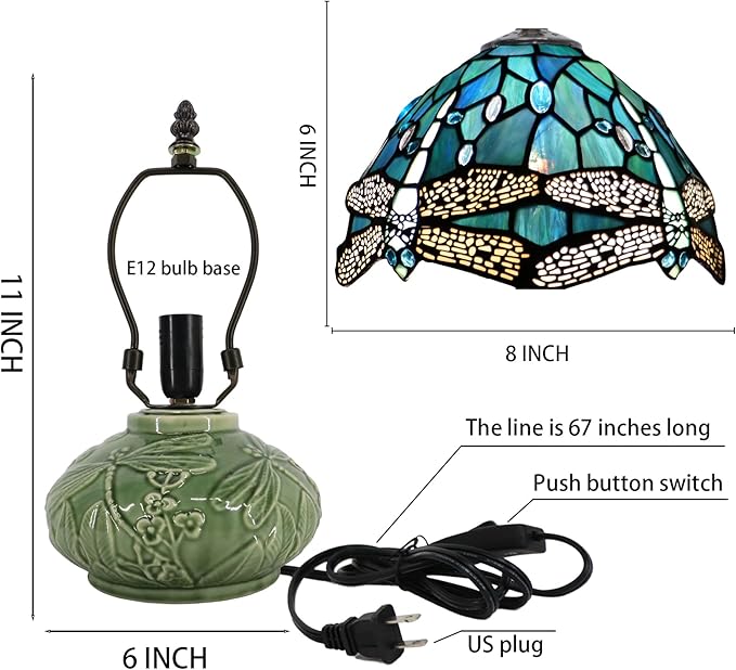 Small Stained Glas Lamp Mushroom Table Lamp, Mini Stained Glass Desk Light Memory Sympathy Ceramic lamp 8X11 Inch (Sea Blue Dragonfly Style)