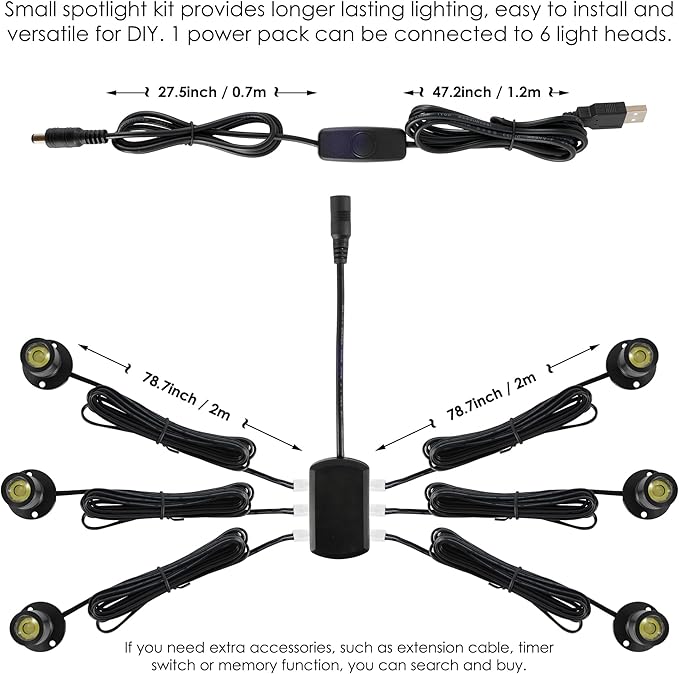 DEDC 6pcs Mini LED Spot Lights, 1W 5V 3000K Under Cabinet Lights, Mini Spotlights for Displays with Dimmer (Warm White-Pushbutton Switches-USB Plug)