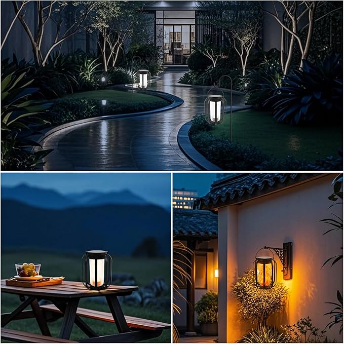 Solar Lanterns Outdoor Lights, 2 Pack Flickering Flame Garden Lights with 2 Modes Dual Charging USB & Solar, Outdoor Waterproof Hanging Lantern for Halloween Party Holiday Decor