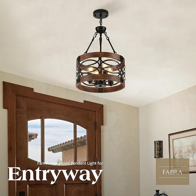 4-Light Farmhouse Drum Wood Pendant Light 13.8'' Vintage Rustic Brown Oak Wood Chandeliers,Retro Industrial Hanging Light Fixtures for Dining Room Entryway, Bedroom