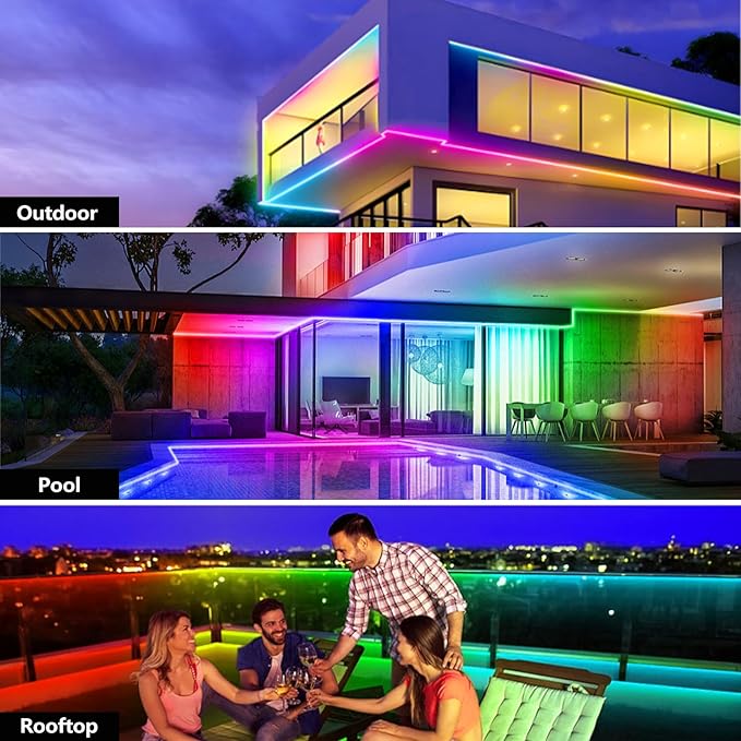 65.6FT Outdoor LED Strip Light Waterproof,IP68 Outside RGB+IC Light Strip with App/Remote Control,Chase Mode,Music Sync Rope Light for Balcony,Deck,Rooftop,Garden,Pool