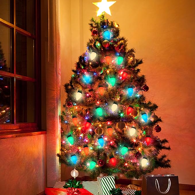 C7 LED Multicolor Christmas Lights 20Ft Outdoor String With 22 Ceramic Bulbs, Hanging Vintage Decorations for Party Indoor Outdoor, Green Wire