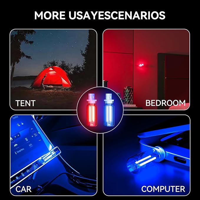4 PCS USB Night Light Bulb, Portable Plug-in Retro Car Interior Ambient Lights, Mini Touch Dimmable Glass Bottle LED Bulb for Vehicle, Bedroom, Hallway, Camping, Holiday(2RGB&1Red&1Blue)