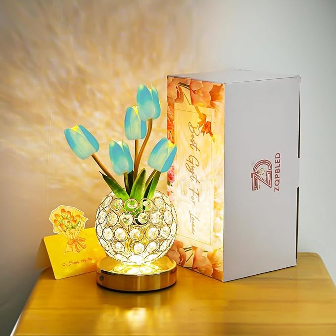 Birthday Gifts for Women/Mom Table Lamp, 3 Color Crystal Flower Bedside Lamps Infinitely Dimming with USB Charge Small Night Light,Nightstand Touch Lamp for Bedroom (u-BlueTulip)