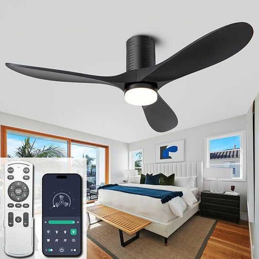 52" Flush Mount Ceiling Fans with Lights and Remote/APP Control, 3CCT Dimmable LED, 6 Speed DC Motor, Low Profile Ceiling Fan for Bedroom, Hallway,Indoor/Outdoo