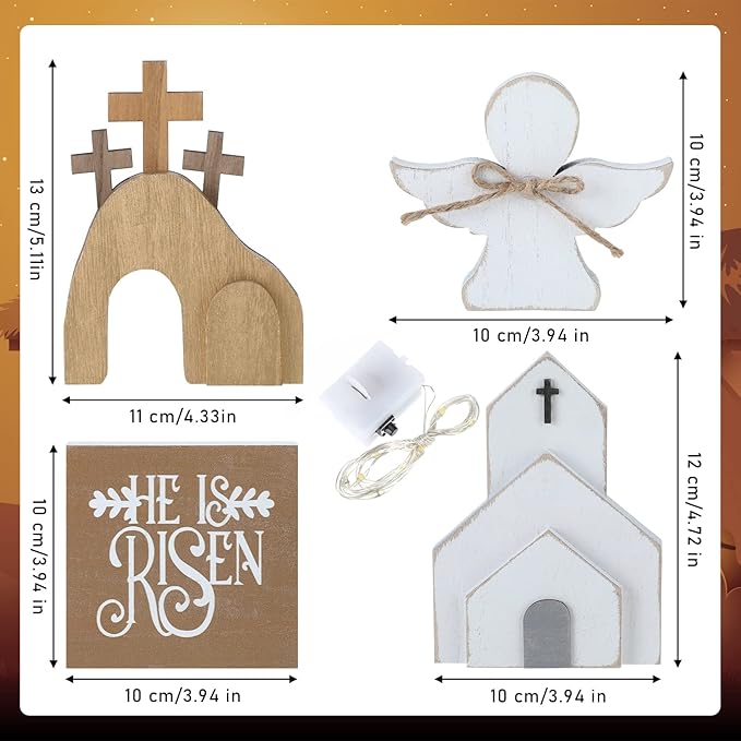 Glenmal 4 Pcs Easter Tiered Tray Decor He is Risen Religious Tiered Tray Decorations Wooden Easter Jesus Sign with LED Fairy Lights for Farmhouse Home Church Table Christian Catholic Cross Gifts