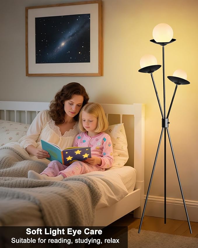 3 Globe Dimmable Tripod Floor Lamp, Mid Century Tree Floor Lamps with 3Pcs 3000K Bulbs Included, Modern Standing Tall Lamp for Living Room Bedroom Home Office Corner-Black