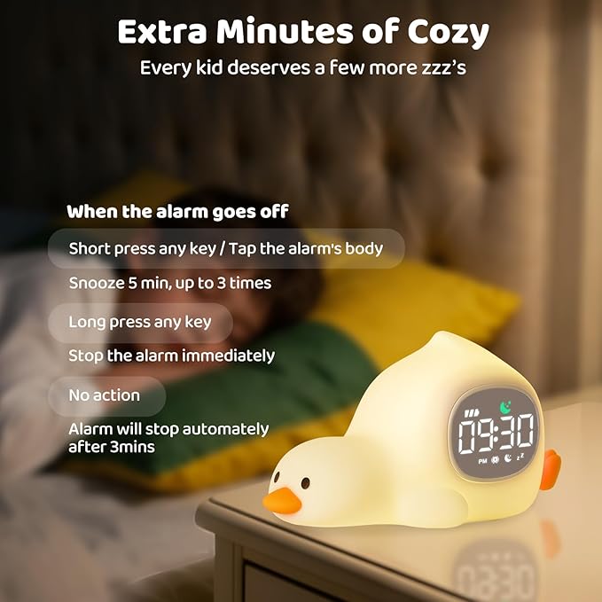 Laying Duck Alarm Clock with Night Light for Kids with Sleep Training and Sound Machine, Rechargeable Silicone Lamp OK to Wake Clock，Cute Animal Tabletop Lamp, Perfect Sleep Companion for Boys Girls