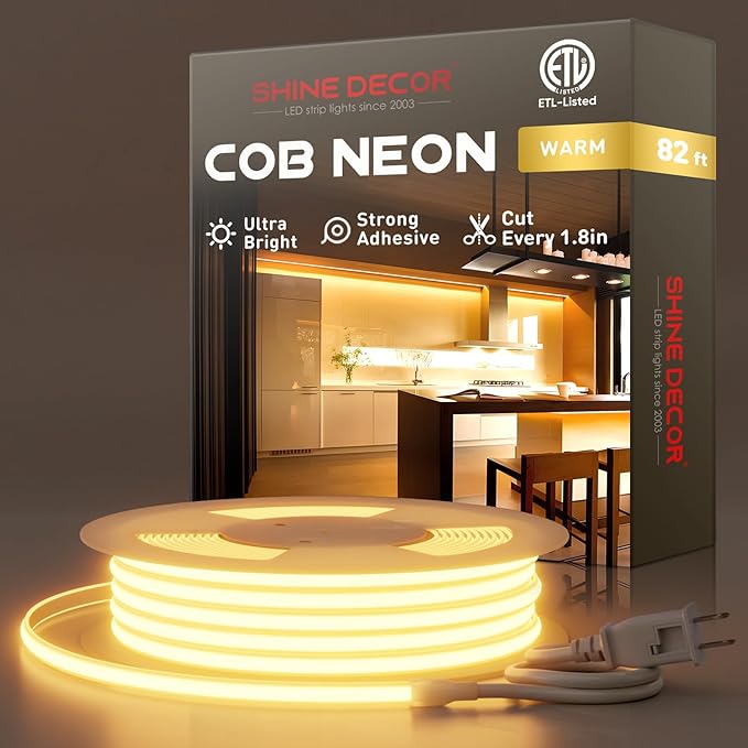 Shine Decor COB LED Rope Light AC 120V, 800lm Ultra Bright, IP65 Waterproof Cold-Resistant ETL Neon Strip, No Driver Tape Lighting for Home Commercial 10x4.5mm, 2800K Warm White, 82ft