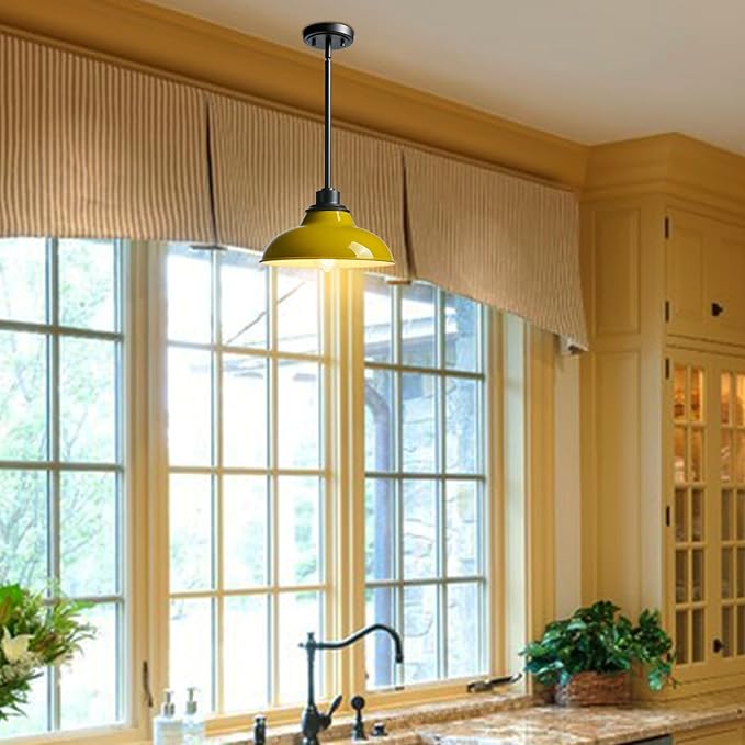 Modern Pendant Light Fixture Yellow Pendant Light Hanging Light Fixture for Kitchen Island Dining Room Bedroom Bar Living Room(Metal Rod)