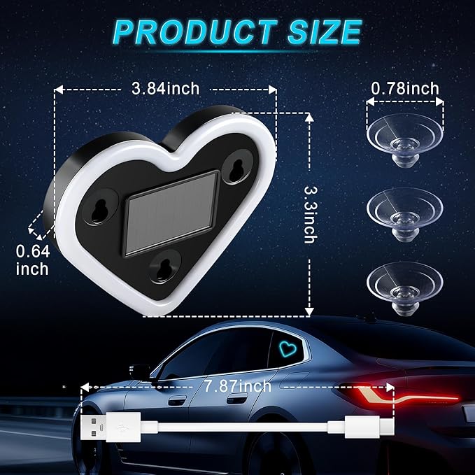 Car LED Interior Lights, Heart-Shaped Ambient Light for Windows, 5 Lighting Modes, Charging Through Type-c and Solar Energy, Car Decorations for Women Men, Pack of 1, (Ice Blue)