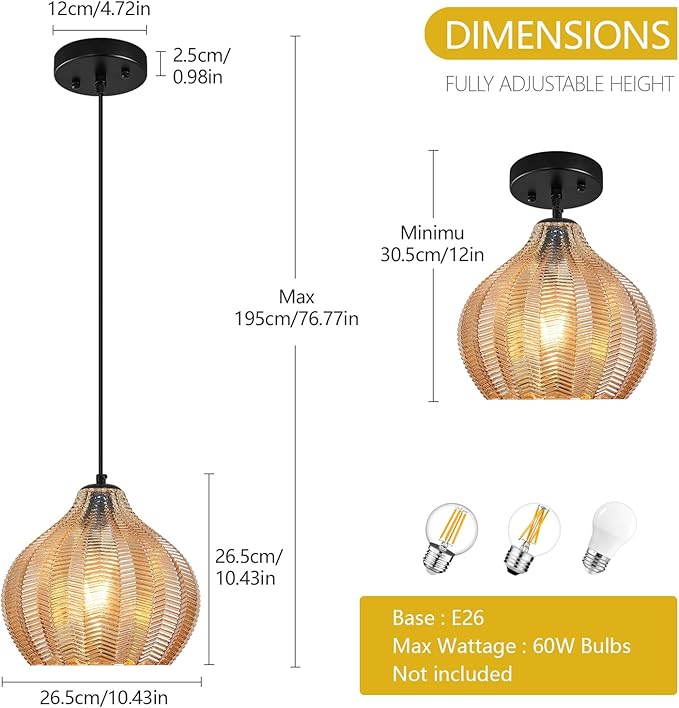 Amber Glass Pendant Lights Kitchen Island 1 Light 10.43 in Glass Globe Pendant Light Fixture Adjustable Modern Farmhouse Pendant Lighting for Bedroom Dining Room (1 Pack)