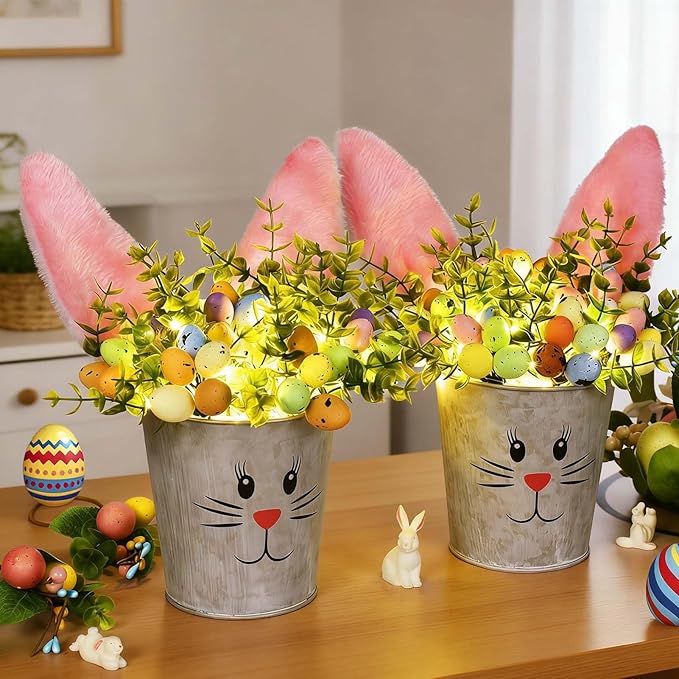 KC&KST 2 Pcs Easter Decorations Indoor Artificial Flower with Bunny Ear, Lighted Bunny Desk Decor with Color Eggs, Perfect Table Decorations for Home & Spring Party Centerpieces(Easter Bunny Flower)