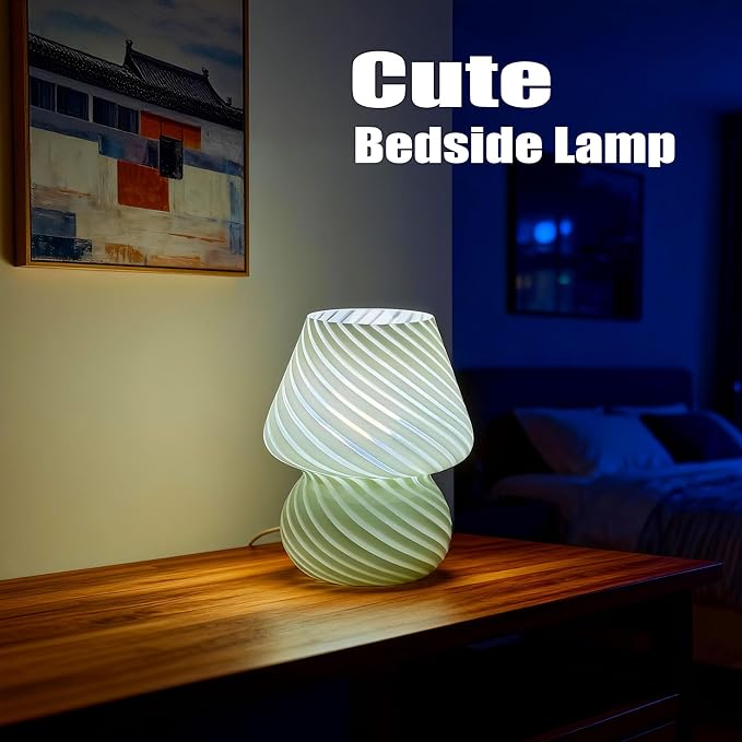 jonong Bedside Lamp Glass Striped Mushroom Table Lamp with 3 Color Modes LED Small Decorative Table Lamp for Gift Present,Suit for Bedroom, Living Room, Home Decor, Baby, Kids, Women (Green)
