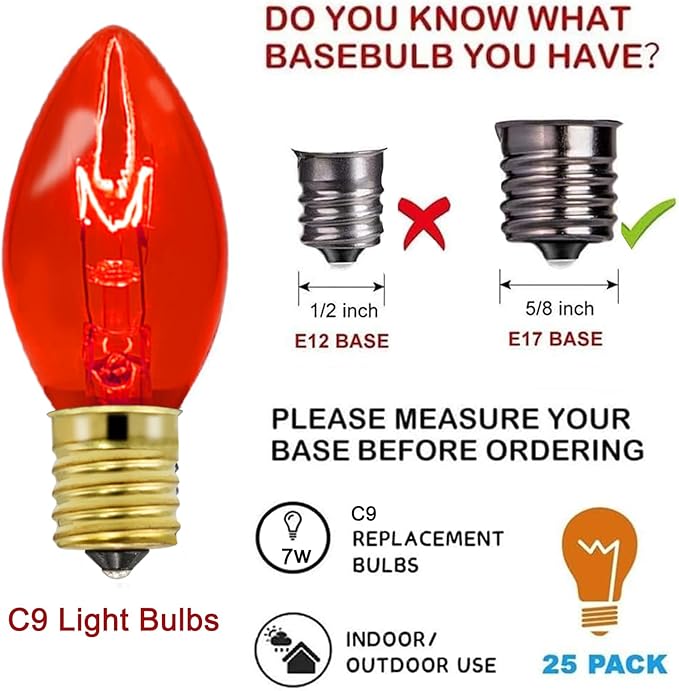 25 Pack C9 Replacement Christmas Light Bulbs,7 Watt C9 Multicolor Clear Light Bulbs for Christmas Indoor Outdoor Patio Halloween Party String Lights, C9/E17 Candelabra Base