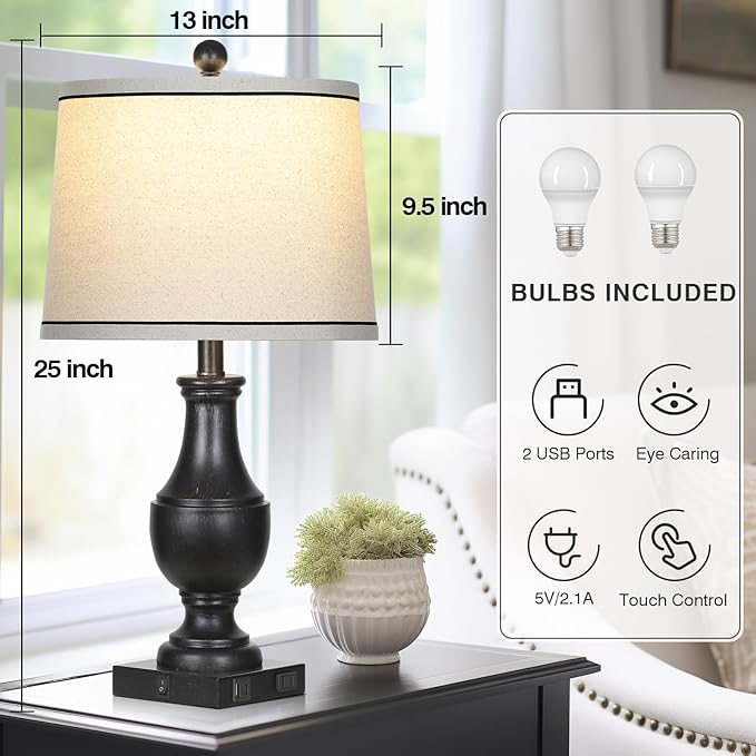 Table Lamps for Living Room Set of 2, Farmhouse Vintage Table Lamp with USB A+C Charging Ports & AC Outlet, 25" Black Rustic Traditional Lamps for Bedroom Nightstand Desk(2 LED Bulbs Included)