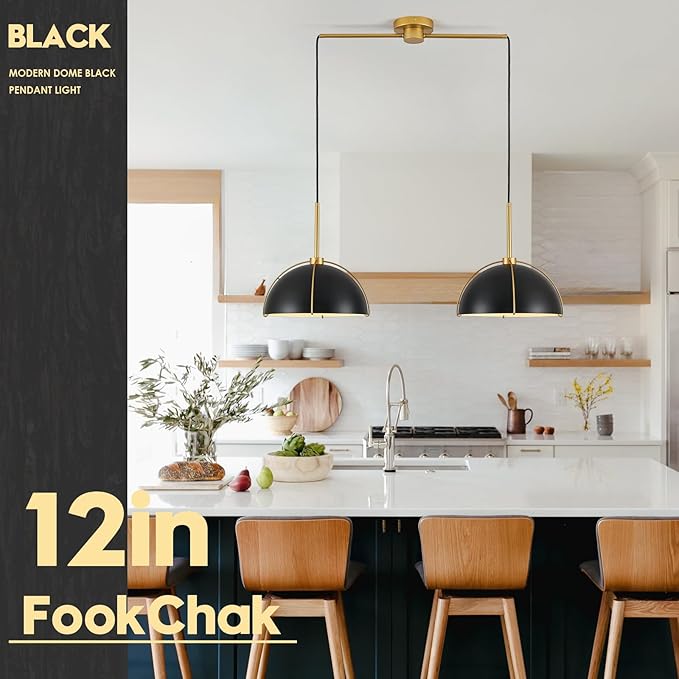 Black Dome Pendant Light 2 Light Socket Large Pendant Light Fixture with Adjustable Pendant Cord Black Gold Pendant Lighting for Kitchen Island Dining Room Kitchen Sink