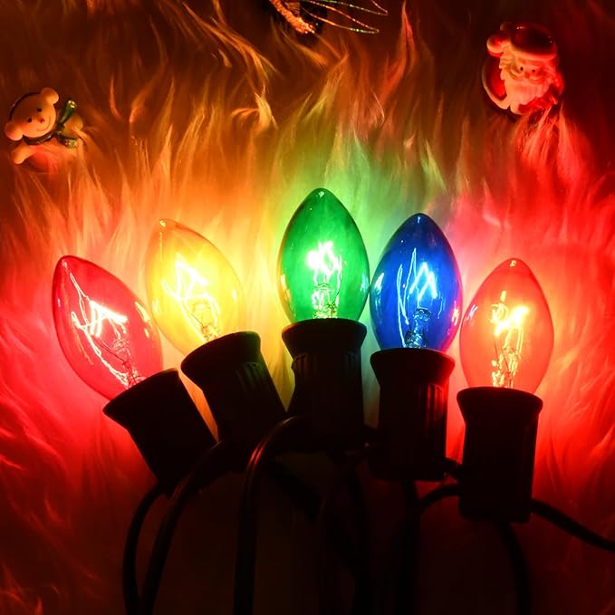 25 Pack Multi-color C7 Replacement Christmas Light Bulbs Vintage Colorful Light Bulbs, for Xmas C7 String Lights Replacement Bulbs & Christmas Tree Home Party Yard Color Bulb Decor, E12 Base, 5W