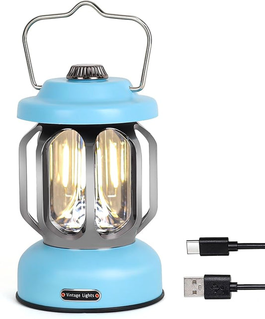 Rechargeable LED Camping Lanterns, Vintage Camping Lights Battery Operated, Portable Retro Metal Glamping Lights for Hiking, Hurricane, Decoration, Power outages, Blue, 1 Pack
