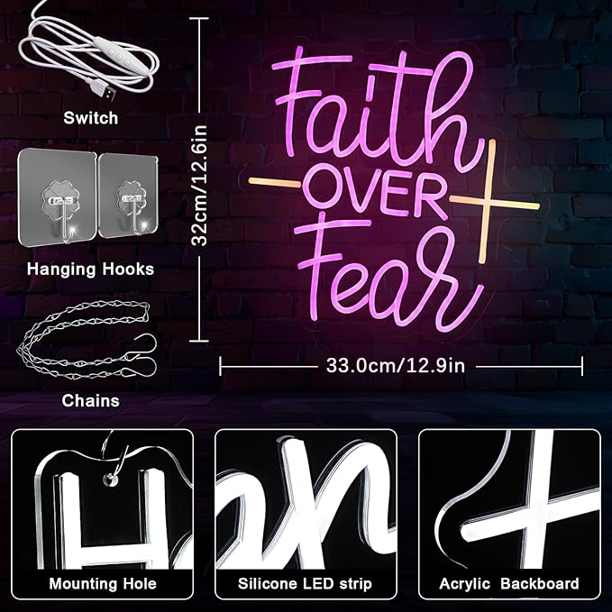 Faith Over Fear Neon Sign for Wall Decor Jesus Neon Light Warm White Cross Neon Light Sign Letter LED Neon Light for Christian Religious Motivation Bedroom Wedding Church Decor