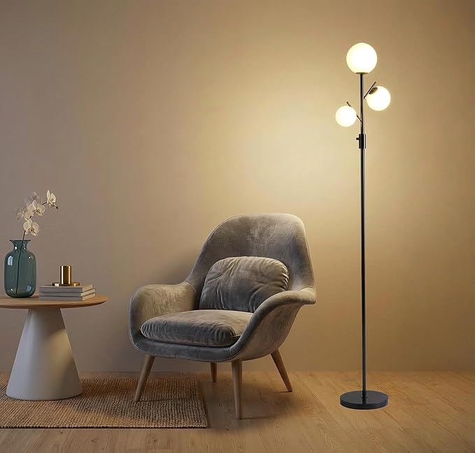 Fiqevs Mid Century Modern 3 Globe Tree Floor Lamp - Dimmable LED Standing Lamp with Bulbs, Warm Light for Living Room Bedroom Office - Black