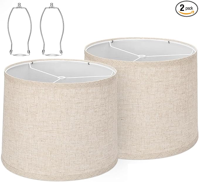 drum lamp shades Set of 2 for table lamps – 11.6" Top x 12.6" Bottom x 9.8" High, Qvtekn Medium Beige Lampshades for floor lamps (Spider Fitter), Natural Linen Handcrafted with Easy Assembly