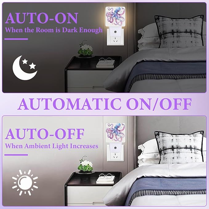 Octopus Night Light,Fish Sea Life Plug-in Night Lights with Dusk-to-Dawn Sensor for Bedroom,Bathroom and Living Room Sleep Friendly lamp 0.5w