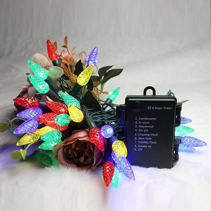 100LED C6 Lights,Green Wire,Waterproof Battery Case,Multi Functions,Timer,Multi（2 Sets - Each 50 Count LED）