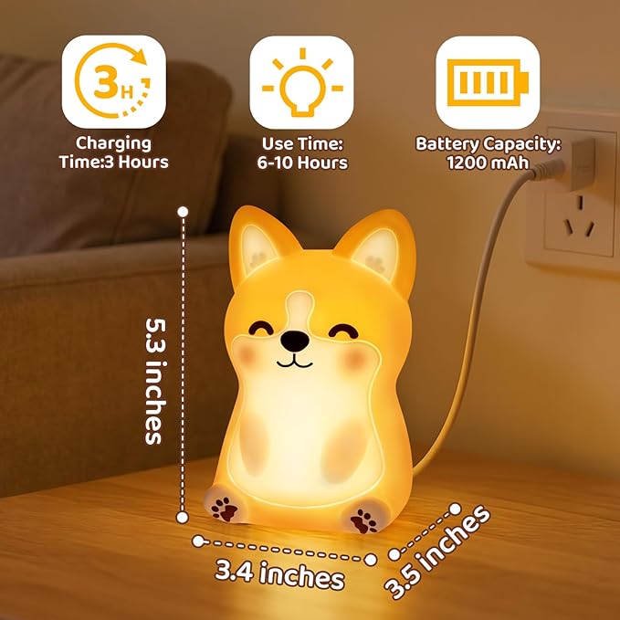 Mewaii BPA-Free Silicone丨 Huggwaii Corgi Dog Night Light for Kids, 3 Brightness Levels Nursery Dog Lamp, 30 Min Timer&Rechargeable Cute Puppy Kids Night Light for Bedroom Decor,Corgi Gifts for Boys