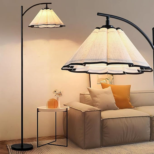 Floor Lamp with Pleated Linen Lampshade, Modern Flower Floor Lamp for Living Room Arc Standing Lamp, Gold Tall Lamp for Bedroom Office Dining Room, Bulb Included (Black + Black, 66.14IN)