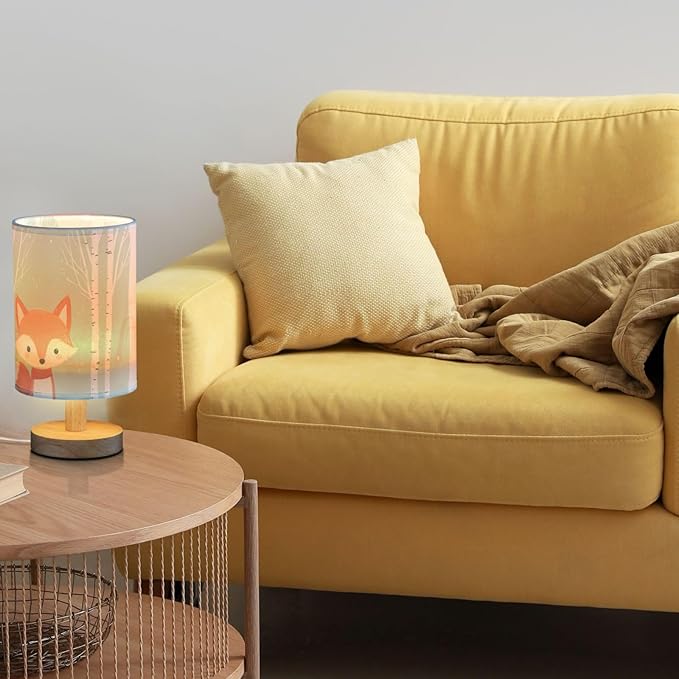 Fustylead Cute Fox in Forest Cartoon Animal Bedside Table Lamps with USB Port for Bedroom LampSmall Nightstand Lamp Sturdy Linen Shade Wooden Base Decorative Lamps for Nursery Kids Reading Dorm Home