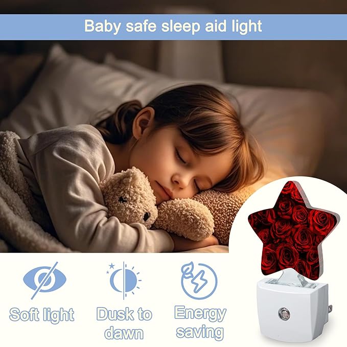 Red Rose Flowers Nightlight,Romantic Roses Star Night Lights Plug into Wall Decorations for Bedroom Bathroom,Dusk to Dawn Sensor Kitchen Hallway Stairs Energy Efficient Desk Lamp