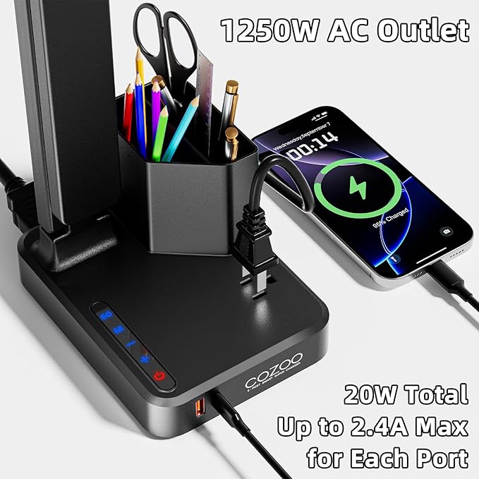 cozoo LED Desk Lamps for Home Office, Modern Dimmable Eye Caring Desk Light with USB Charging Ports AC Outlet, Pen Holder,Touch/Memory/Timer, Kids Small Table Lamp for Reading, Bedroom, Study, Craft